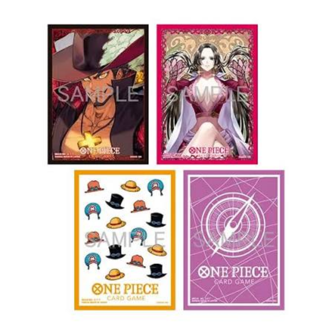 Bandai One Piece Card Game Official Card Sleeves Vol 13 four designs Dracule Mihawk Boa Hancock Hat Patterns Standard Purple 70 sleeves tournament compatible