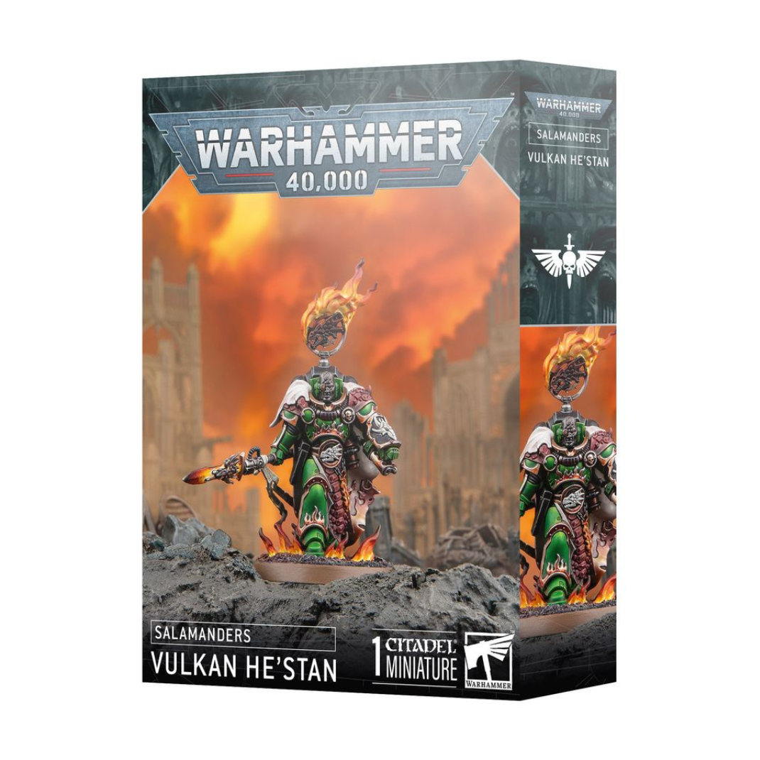 The 2025 plastic miniature of Vulkan He’stan, Forgefather of the Salamanders, wielding the Spear of Vulkan and a flaming Gauntlet of the Forge.