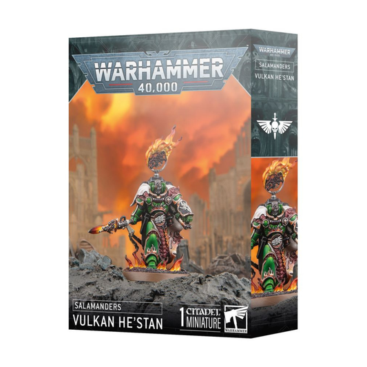 The 2025 plastic miniature of Vulkan He’stan, Forgefather of the Salamanders, wielding the Spear of Vulkan and a flaming Gauntlet of the Forge.