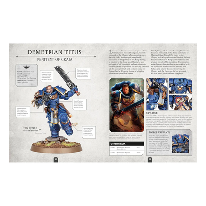 Internal spread of the Character Encyclopedia showing detailed entry, miniature photo, and lore text for a character (e.g., Space Marine or Phoenix Lord).