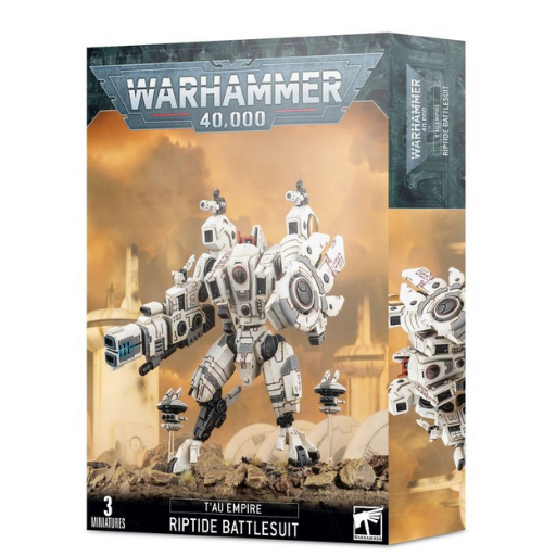 A large T'au Empire XV104 Riptide Battlesuit in a dynamic firing pose, equipped with an Ion Accelerator and flanked by Shielded Missile Drones.