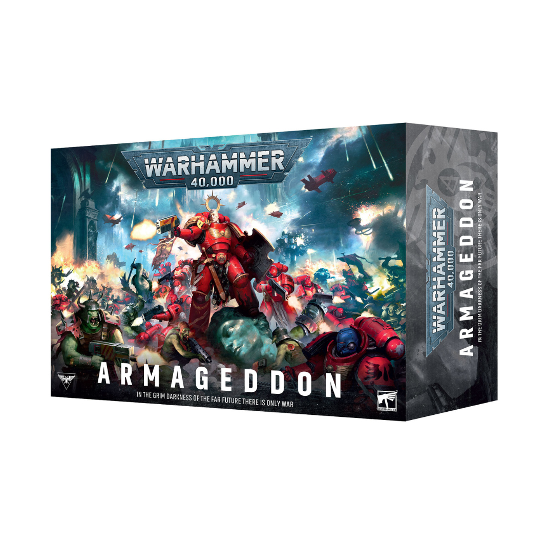Official box art packaging of the Warhammer 40,000: Armageddon Box Set 11th Edition showcasing artwork of Space Marines battling Orks.