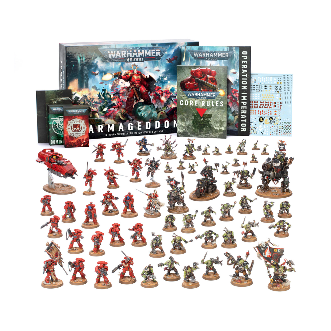Spread layout showing all unpainted, push-fit plastic miniature sprues for both the Space Marine and Ork armies included inside the box.