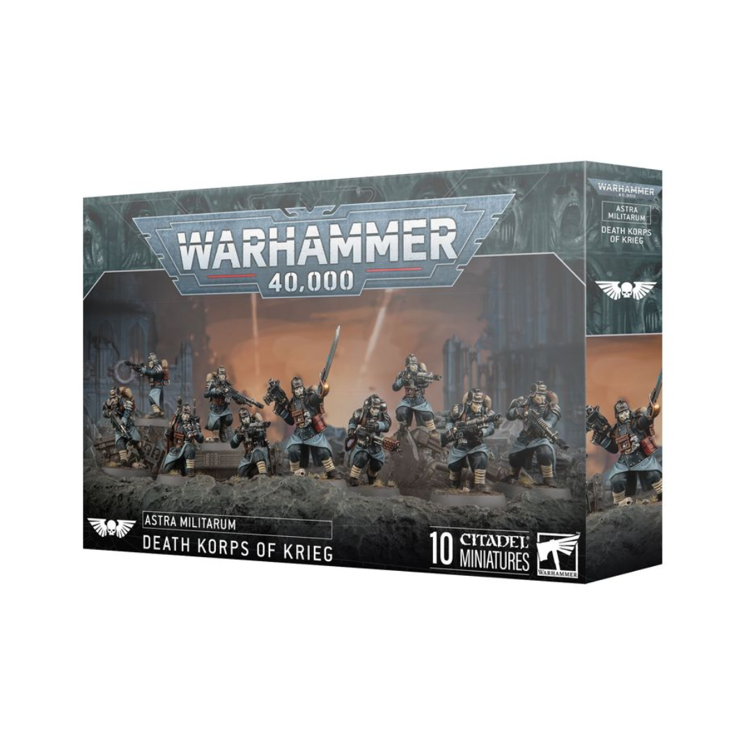 Death Korps of Krieg Veteran Guardsmen box art featuring 10 infantry models in gas masks.