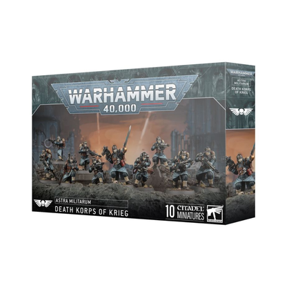 Death Korps of Krieg Veteran Guardsmen box art featuring 10 infantry models in gas masks.