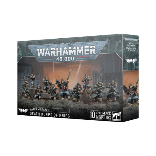 Death Korps of Krieg Veteran Guardsmen box art featuring 10 infantry models in gas masks.