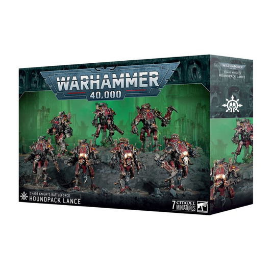 Chaos Knights Battleforce – Houndpack Lance box with Knight Abominant and War Dogs miniatures