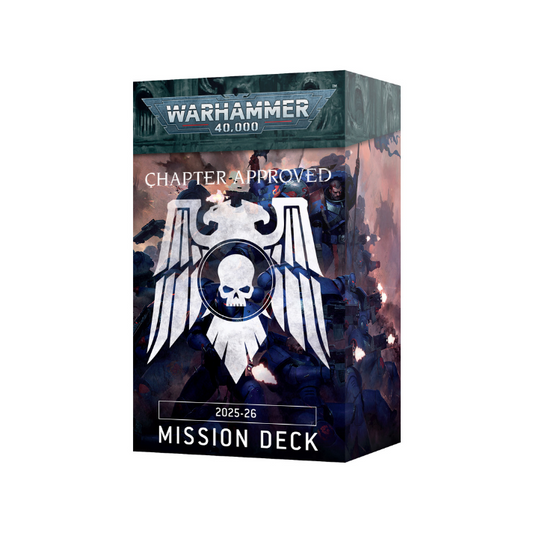 Warhammer 40,000 Chapter Approved 2025–26 Mission Deck displayed with cards fanned out for Matched Play use.