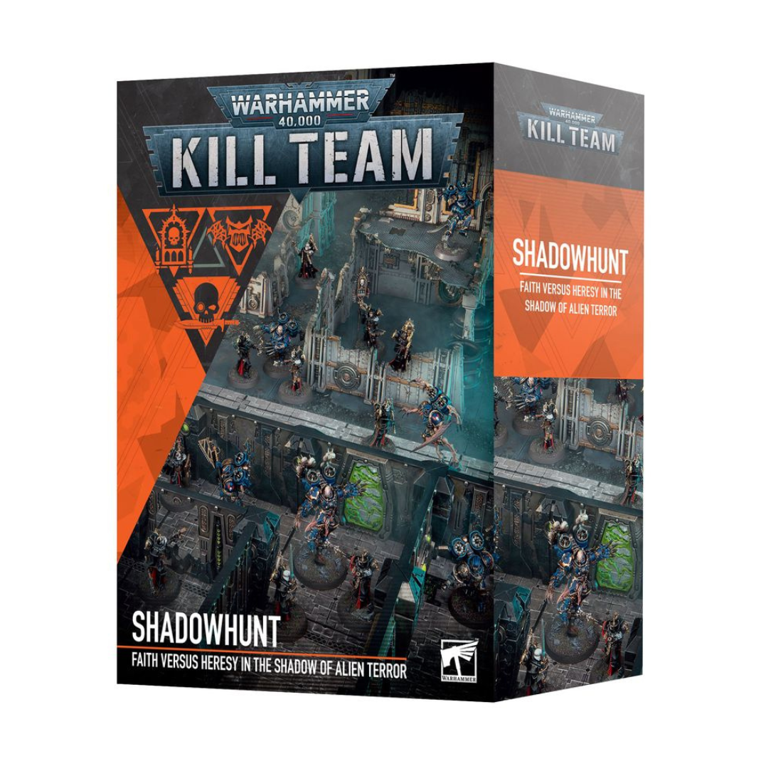 The official box art for Kill Team: Shadowhunt showing two elite squads clashing in a dark, industrial killzone terrain.