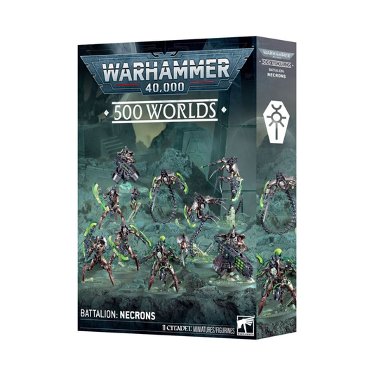 The Warhammer 40,000 Necrons 500 Worlds Battalion boxed set showing Hexmark and Lokhust Destroyers with an Overlord.