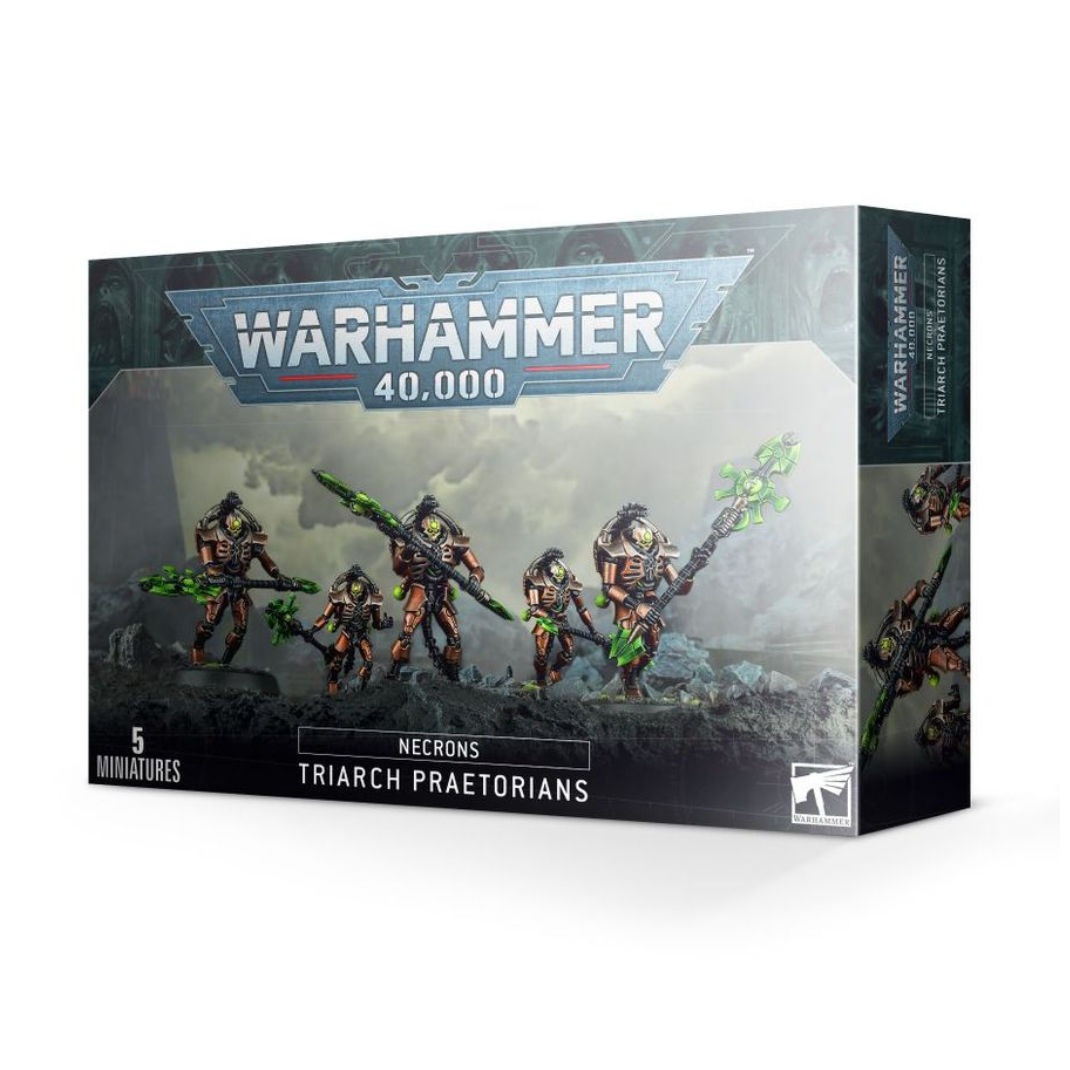 A box set of five Necron Triarch Praetorians armed with Rods of Covenant, standing in their classic metallic skeletal frames with green energy details.