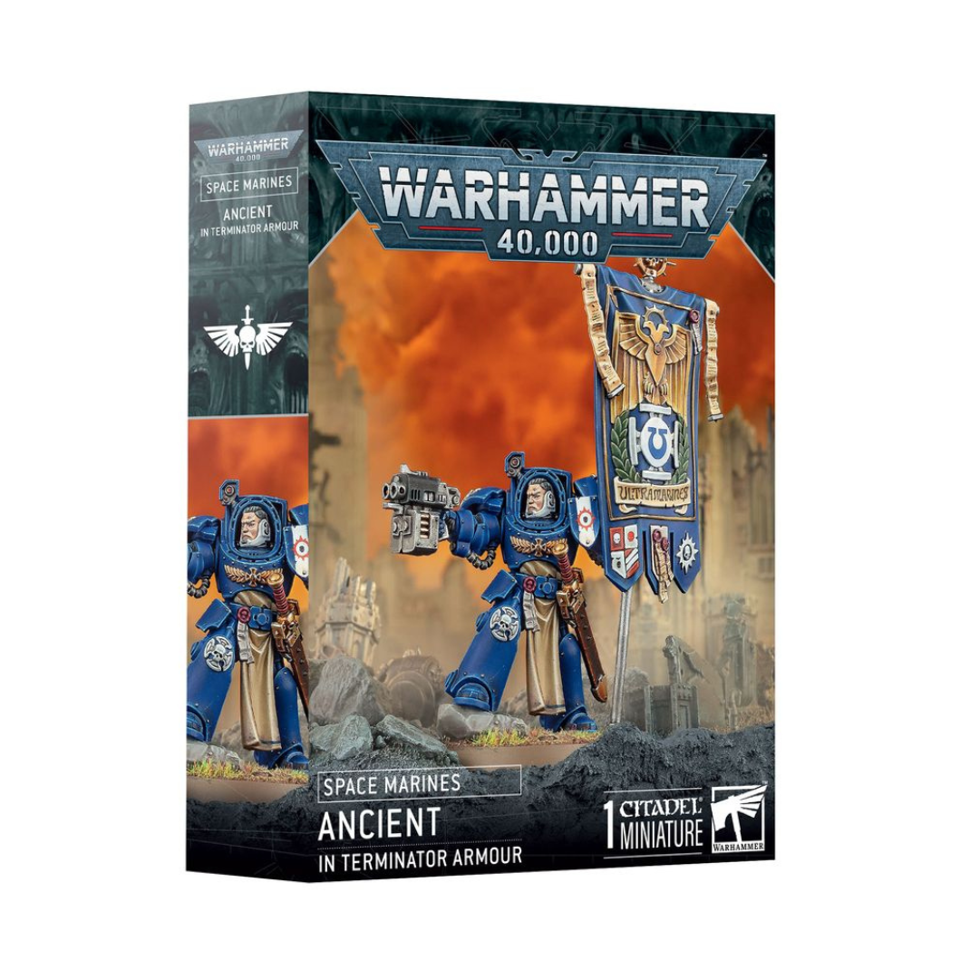 A multipart plastic Space Marines Ancient in Terminator Armour miniature holding a high-detail Astartes Banner.