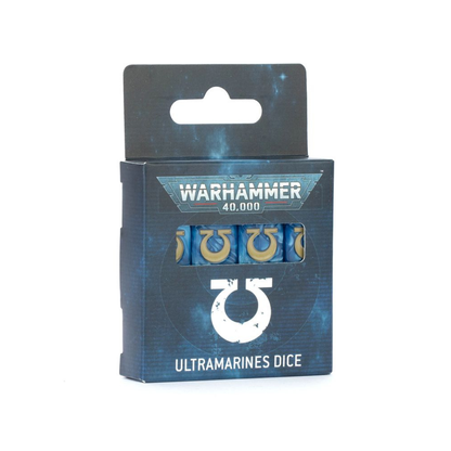 Ultramarines Dice 2025 Edition – 16 pearlised blue acrylic dice with gold ink and Ultramarines icon on “6” face