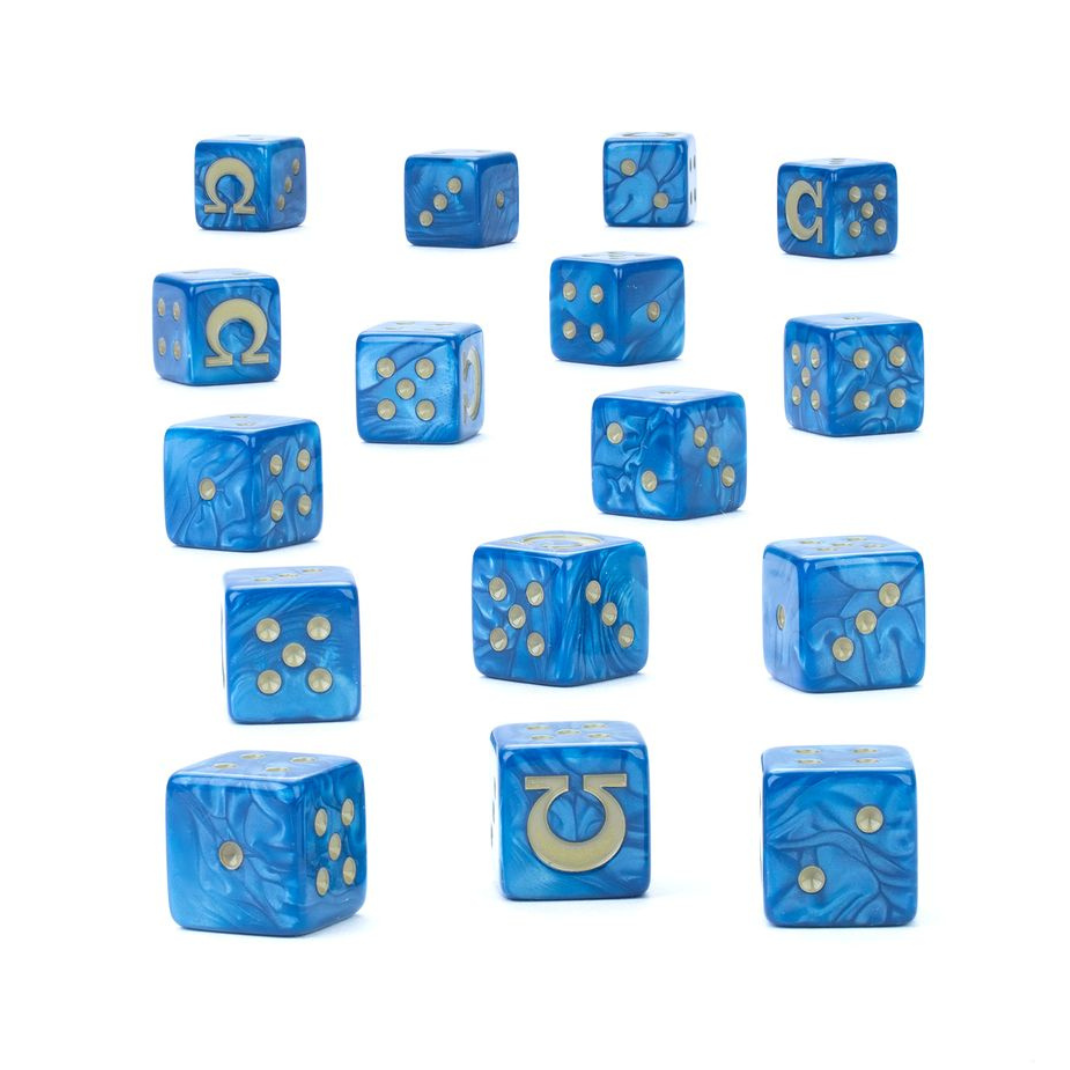 Ultramarines Dice 2025 Edition – 16 pearlised blue acrylic dice with gold ink and Ultramarines icon on “6” face