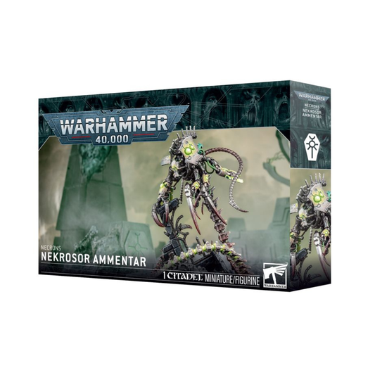 A high-detail plastic miniature of the Necron character Nekrosor Ammentar with a serpentine body and an Unmaker Gauntlet.