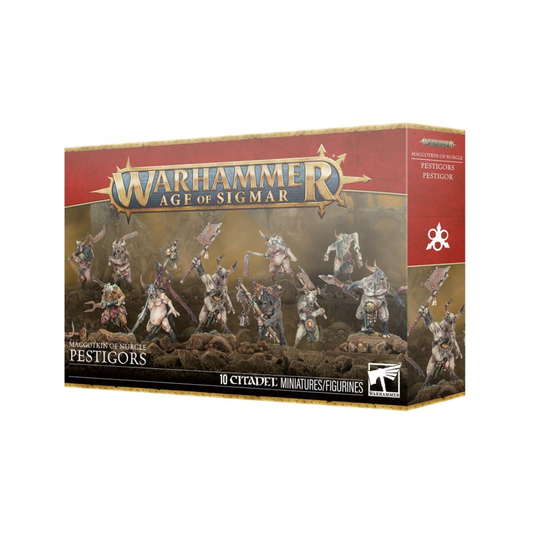 A unit of ten Maggotkin of Nurgle Pestigors, featuring hunchbacked beastmen with rusted axes, a standard bearer, and a musician on 32mm bases.