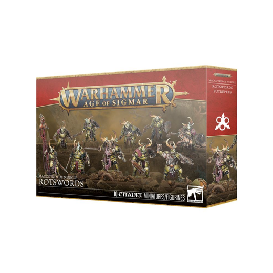A unit of ten Maggotkin of Nurgle Rotswords in rusted plate armor, wielding diseased blades and shields on 32mm round bases