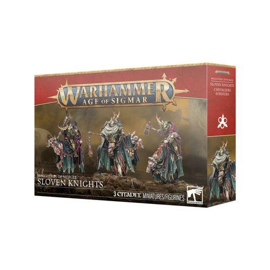 Three Maggotkin of Nurgle Sloven Knights riding mutated horses and wielding heavy rusted maces on 75mm oval bases.