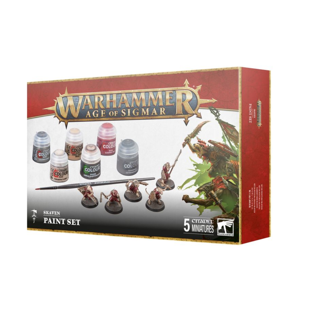 The Warhammer Age of Sigmar Skaven + Paint Set box showing five assembled Clanrat miniatures, six Citadel paint pots, and a starter brush.