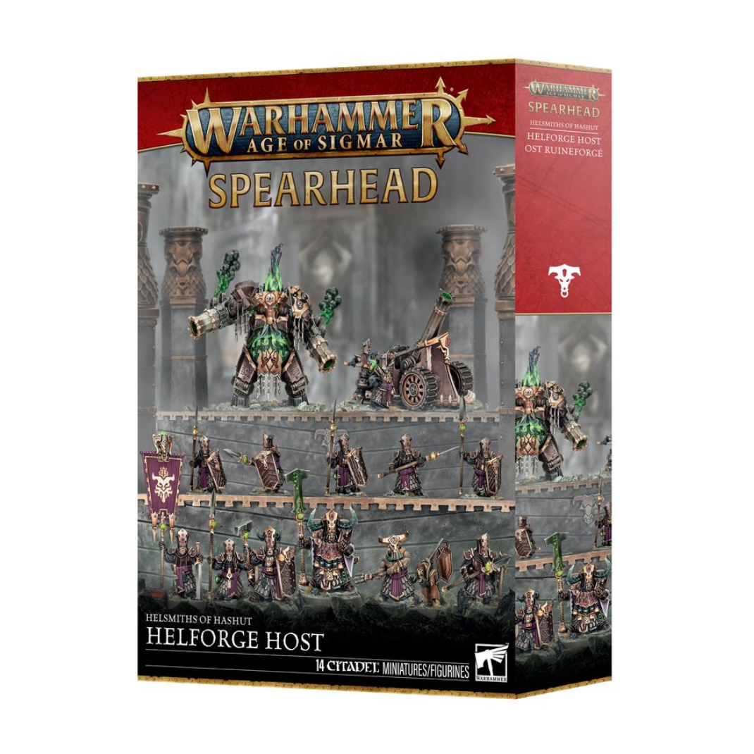 The Helsmiths of Hashut Helforge Host Spearhead box set, featuring a War Despot leading an Infernal Cohort alongside a massive Dominator Engine and Tormentor Bombard.