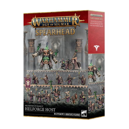 The Helsmiths of Hashut Helforge Host Spearhead box set, featuring a War Despot leading an Infernal Cohort alongside a massive Dominator Engine and Tormentor Bombard.