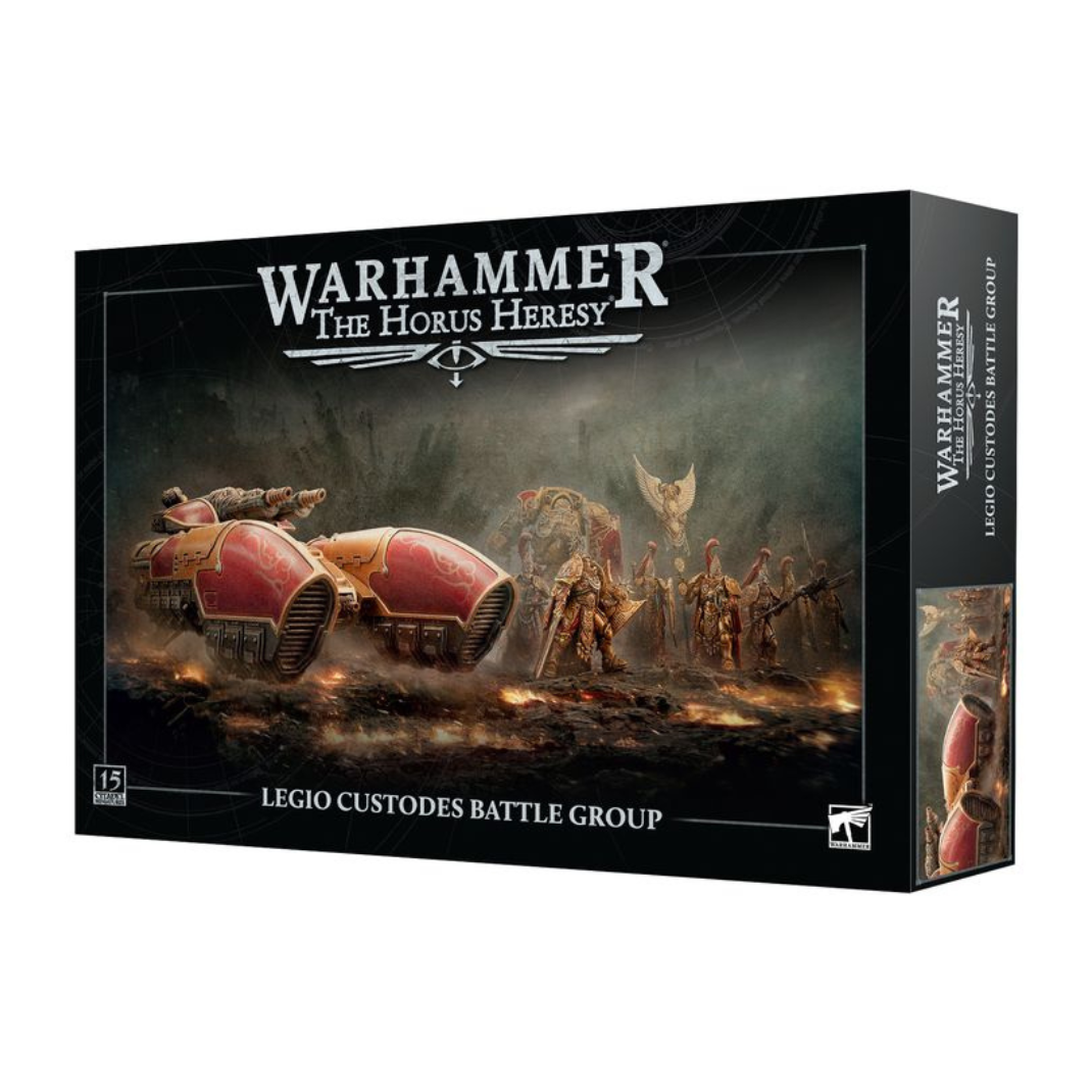 Warhammer The Horus Heresy Legio Custodes Battle Group box art featuring golden Custodian Guard and heavy support vehicles.