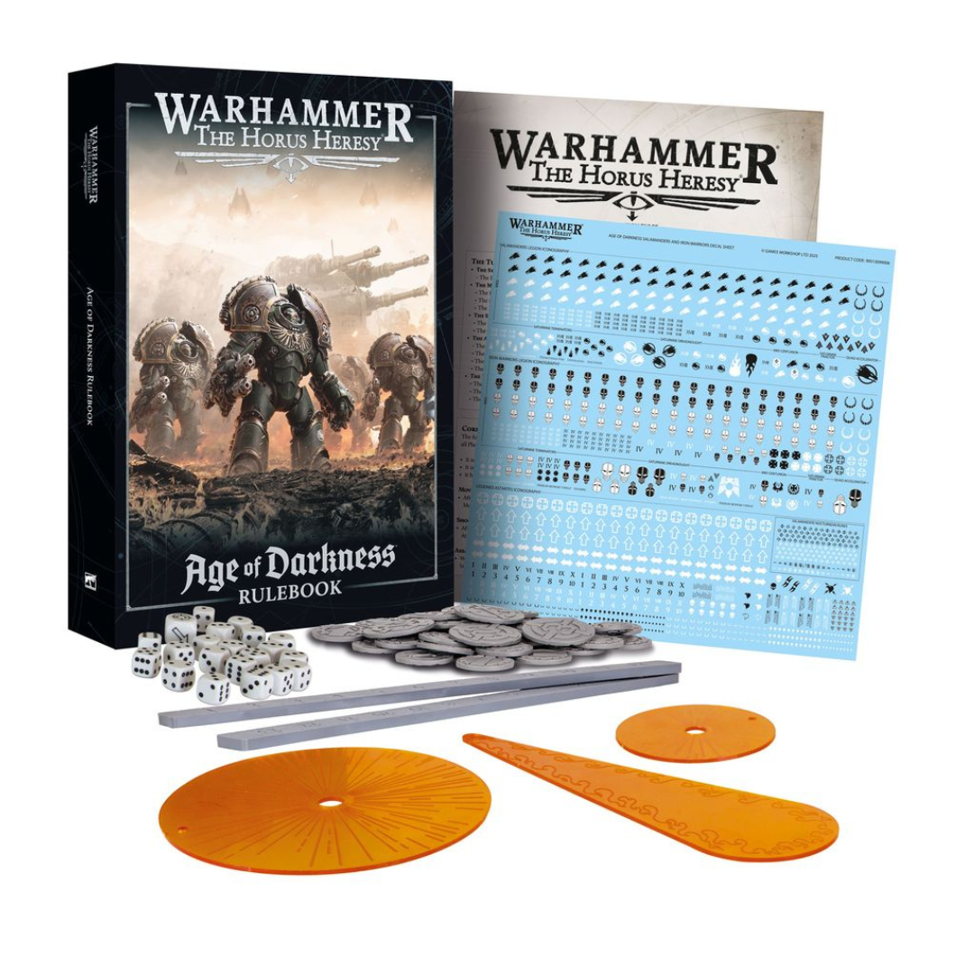 Warhammer The Horus Heresy game components including rulebook, dice, and plastic models on a white background
