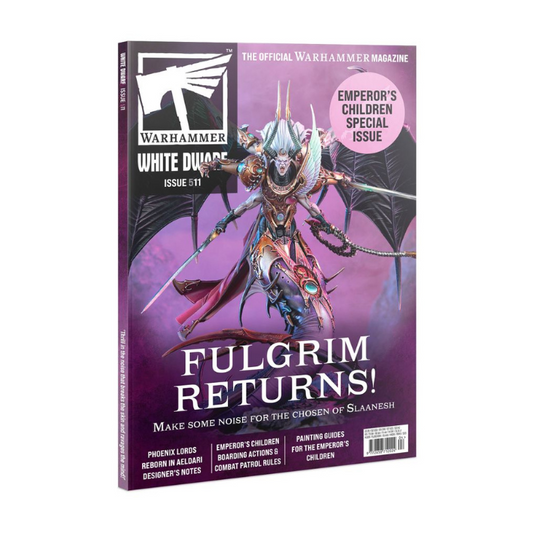 White Dwarf Magazine Issue 511 (April 2025) cover featuring Fulgrim, Daemon Primarch of the Emperor’s Children