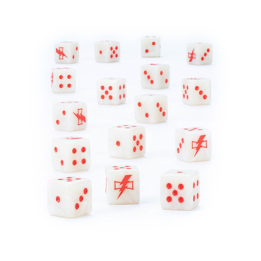 White Scars Dice Warhammer 40,000 2025 edition – pearlised white dice with red numbers and lightning bolt White Scars icon