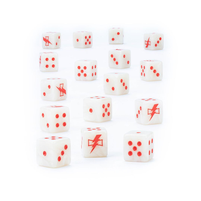 White Scars Dice Warhammer 40,000 2025 edition – pearlised white dice with red numbers and lightning bolt White Scars icon