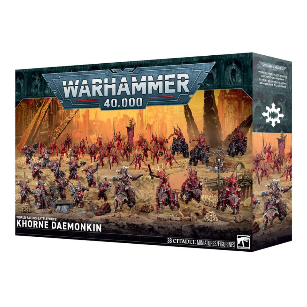 The World Eaters Battleforce: Khorne Daemonkin box set featuring Lord Invocatus charging alongside Eightbound, Berzerkers, and Flesh Hounds in a volcanic landscape.