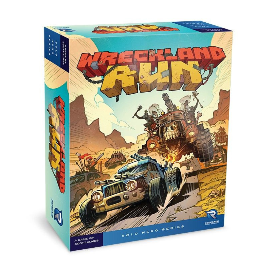 The Wreckland Run game box art featuring a spiked, armored muscle car racing through a desert wasteland while pursued by raider vehicles.