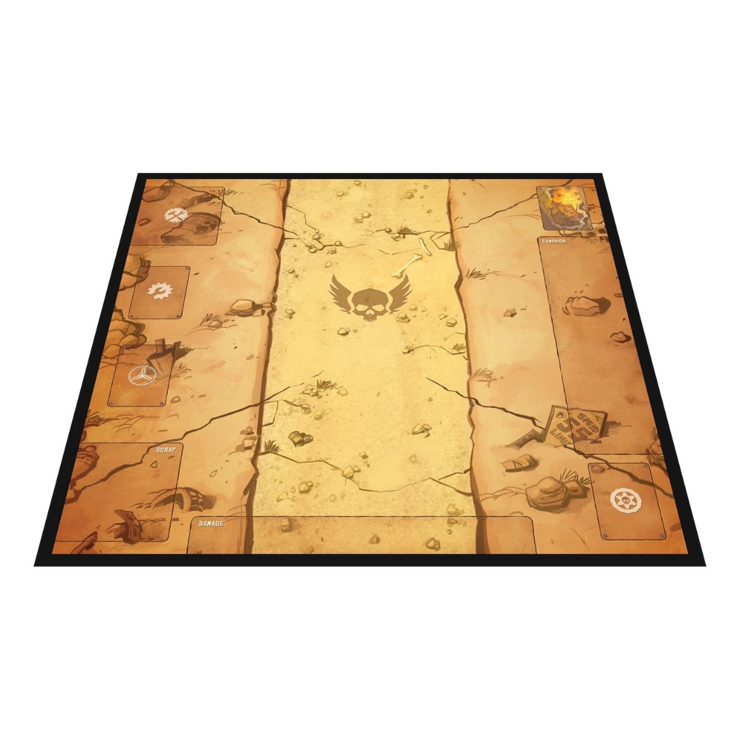The Wreckland Run premium neoprene playmat, showing the 450mm square layout with high-quality stitched edges and post-apocalyptic desert artwork.