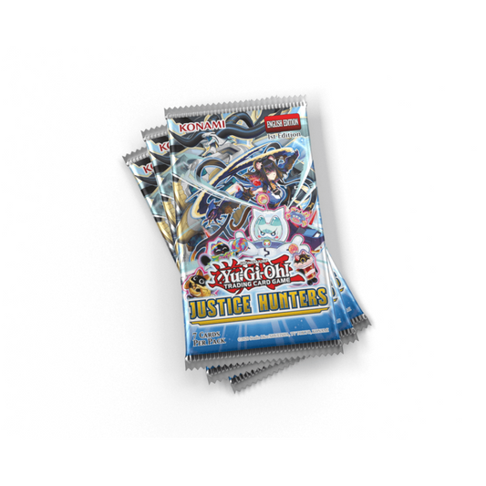 Yu-Gi-Oh! Justice Hunters 7 x Card Booster featuring Rare, Super Rare, and Ultra Rare collectible cards.