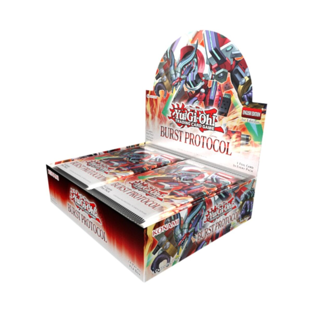 A factory-sealed Yu-Gi-Oh! TCG Burst Protocol Booster Box featuring futuristic neon Cyberse artwork and the 25th Anniversary logo.