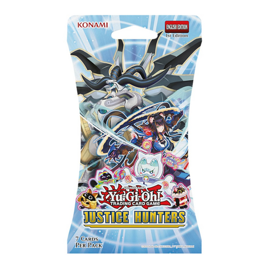Yu-Gi-Oh! Justice Hunters 7 x Card Blister featuring Rare, Super Rare, and Ultra Rare collectible cards.