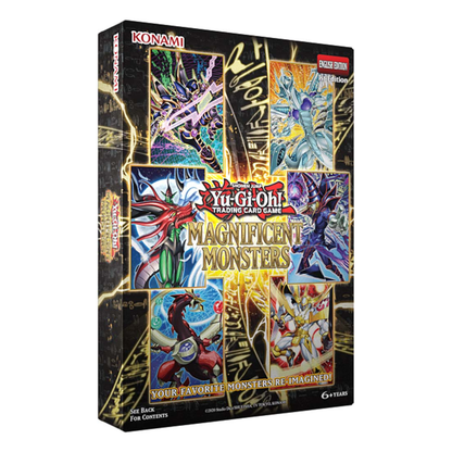 Yu-Gi-Oh! Trading Card Game box set packaging for 'Magnificent Monsters' English Edition, featuring colorful monster card illustrations on a black background.