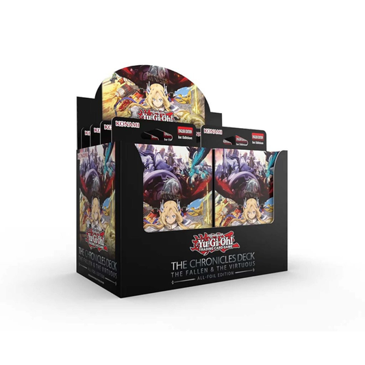 Yu-Gi-Oh! The Chronicles Deck: The Fallen & The Virtuous box showing all‑foil cards and deck packaging