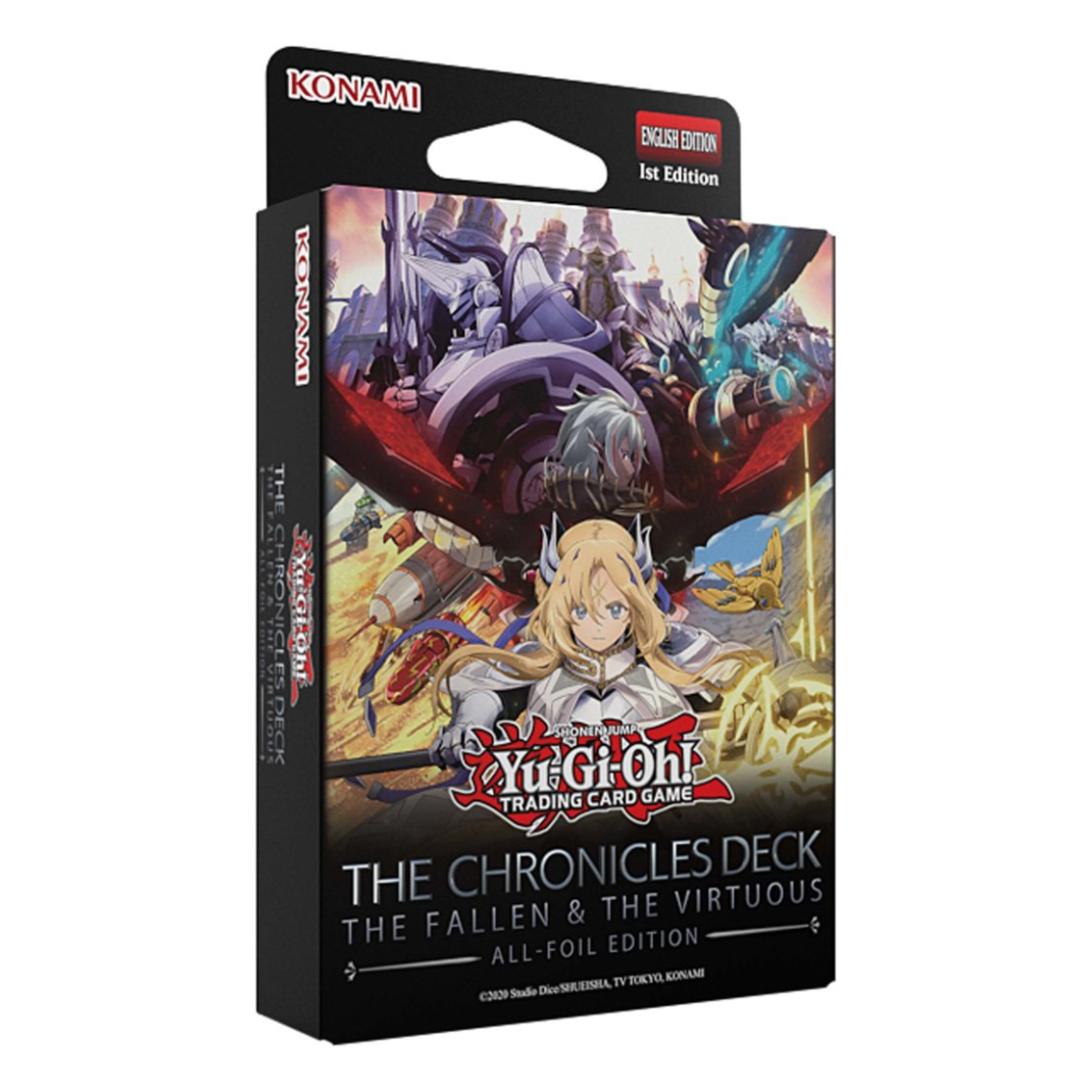 Yu-Gi-Oh! The Chronicles Deck: The Fallen & The Virtuous box showing all‑foil cards and deck packaging