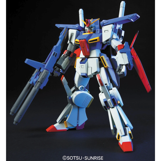 Front box art packaging for the HGUC 1/144 ZZ Gundam model kit showing the heavy-armored mobile suit holding its massive Double Beam Rifle.