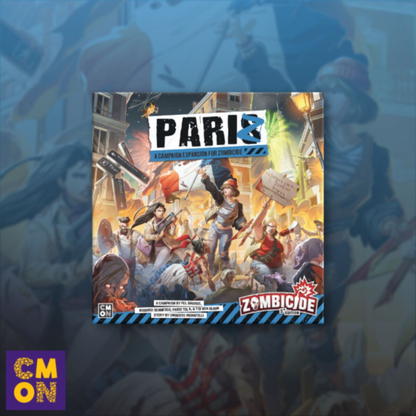 Front box art packaging for the Zombicide – 2nd Edition: PariZ expansion board game displaying survivors fighting a horde of undead near the Eiffel Tower.