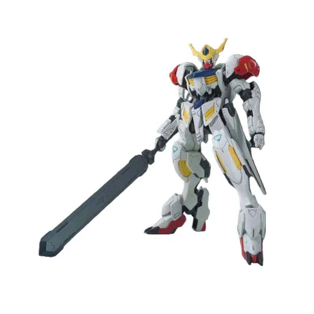 Assembled HG Gundam Barbatos Lupus model kit posed in a dynamic crouch to showcase the joint articulation of the internal frame.
