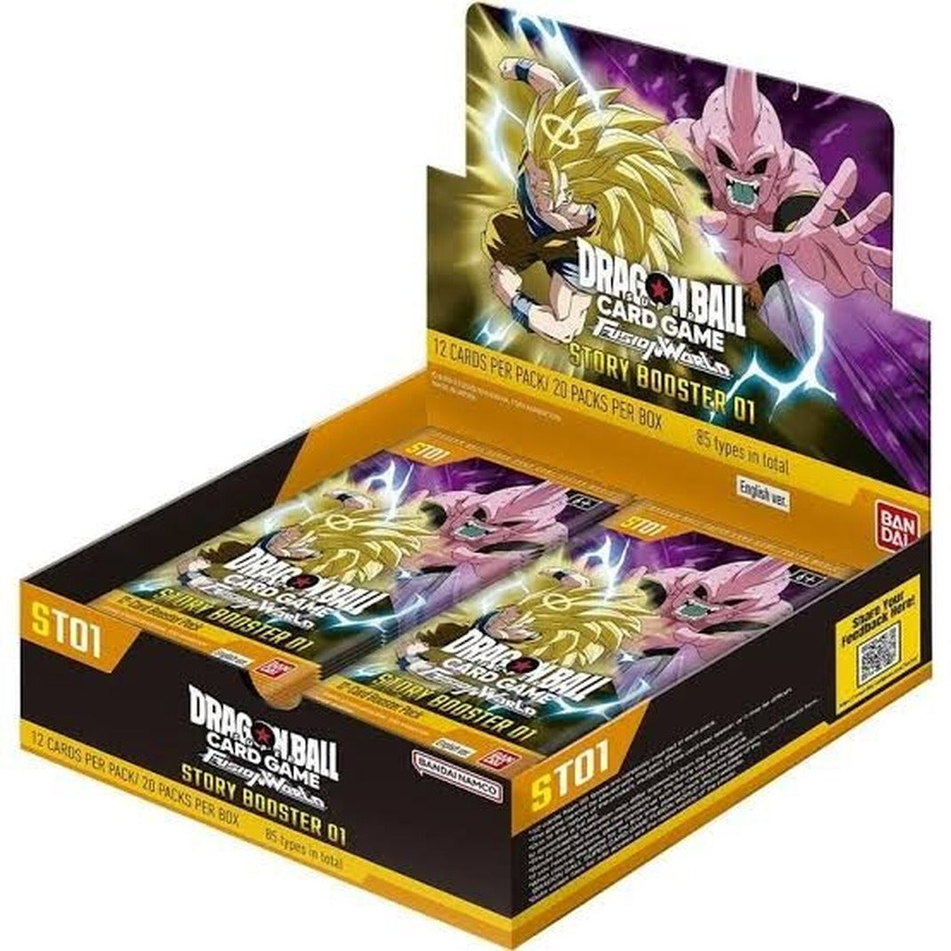 Dragon Ball Super Card Game Fusion World Story Booster Display Vol. 1 [ST01] – open display box showing booster packs with Super Saiyan 3 Goku and Kid Buu artwork