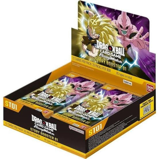 Dragon Ball Super Card Game Fusion World Story Booster Display Vol. 1 [ST01] – open display box showing booster packs with Super Saiyan 3 Goku and Kid Buu artwork
