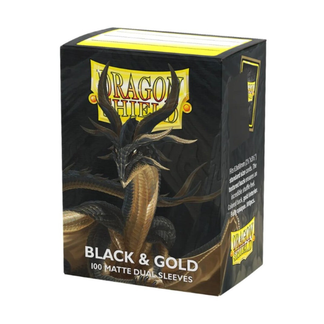 Dragon Shield Matte Dual Black & Gold sleeves box, 100 standard size card sleeves with black and gold dragon artwork