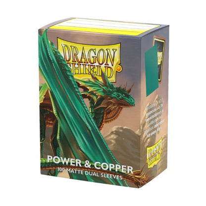 Dragon Shield Matte Dual Power & Copper sleeves box, 100 standard size card sleeves with green dragon artwork