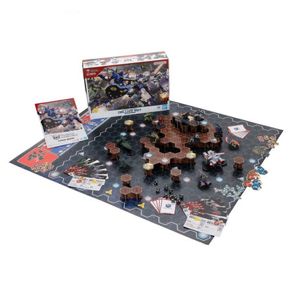 Gundam Assemble Deluxe Set 01 DX01 box with hand book, starfield battle map, terrain, cards, dice and painted figures