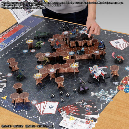 Gundam Assemble Deluxe Set battle in progress on the starfield map with painted figures, cards and dice