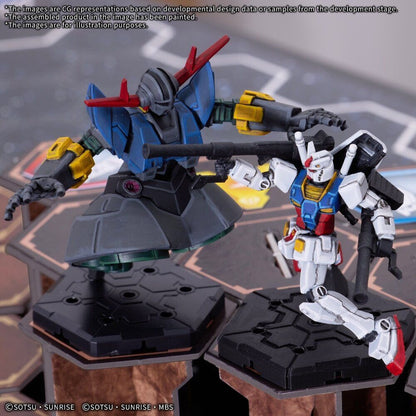 Painted Zeong and RX-78-2 Gundam figures on hex bases standing on terrain