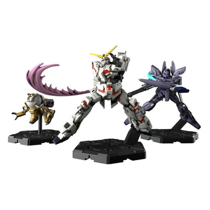 Gundam Assemble Expansion Pack 01 EX01 miniature figures: Unicorn Gundam, a gold space pod and a purple mobile suit on hex bases